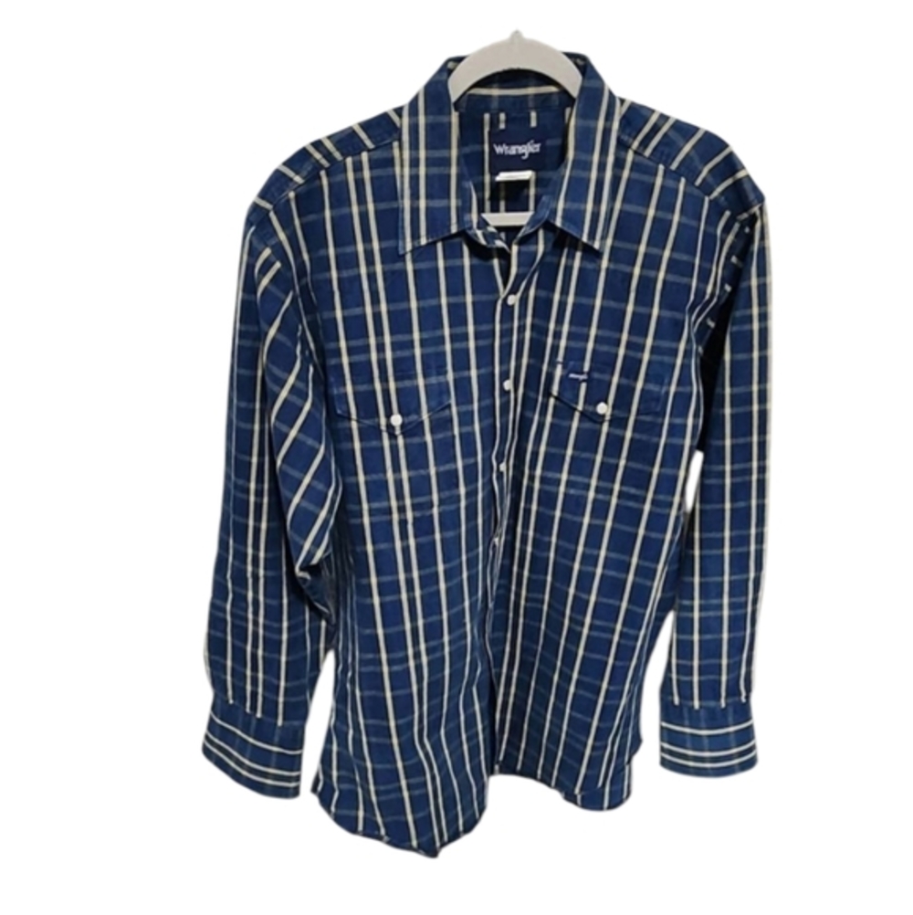 Wrangler blue and tan plaid pearl snap western‎ shirt men's size XL